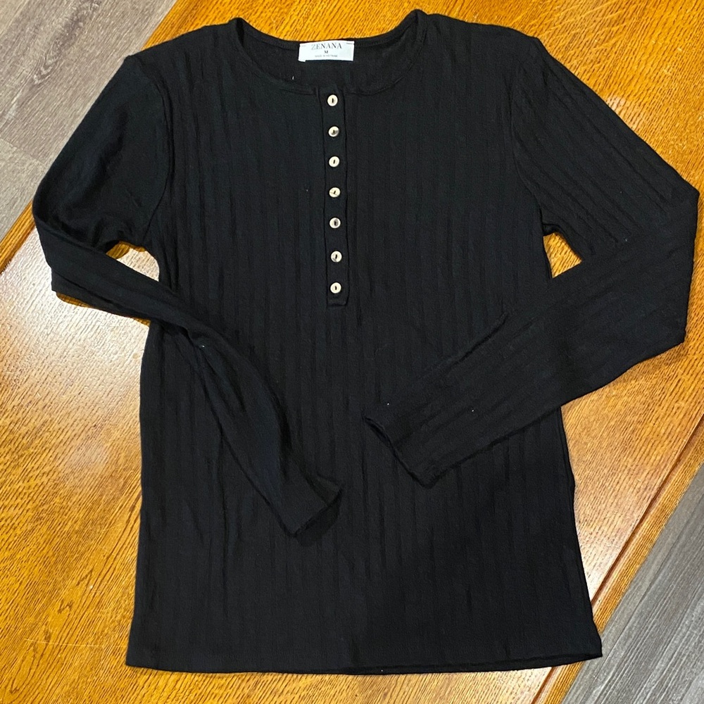 Zenana Outfitters Black Ribbed Button Down Long Sleeve Shirt